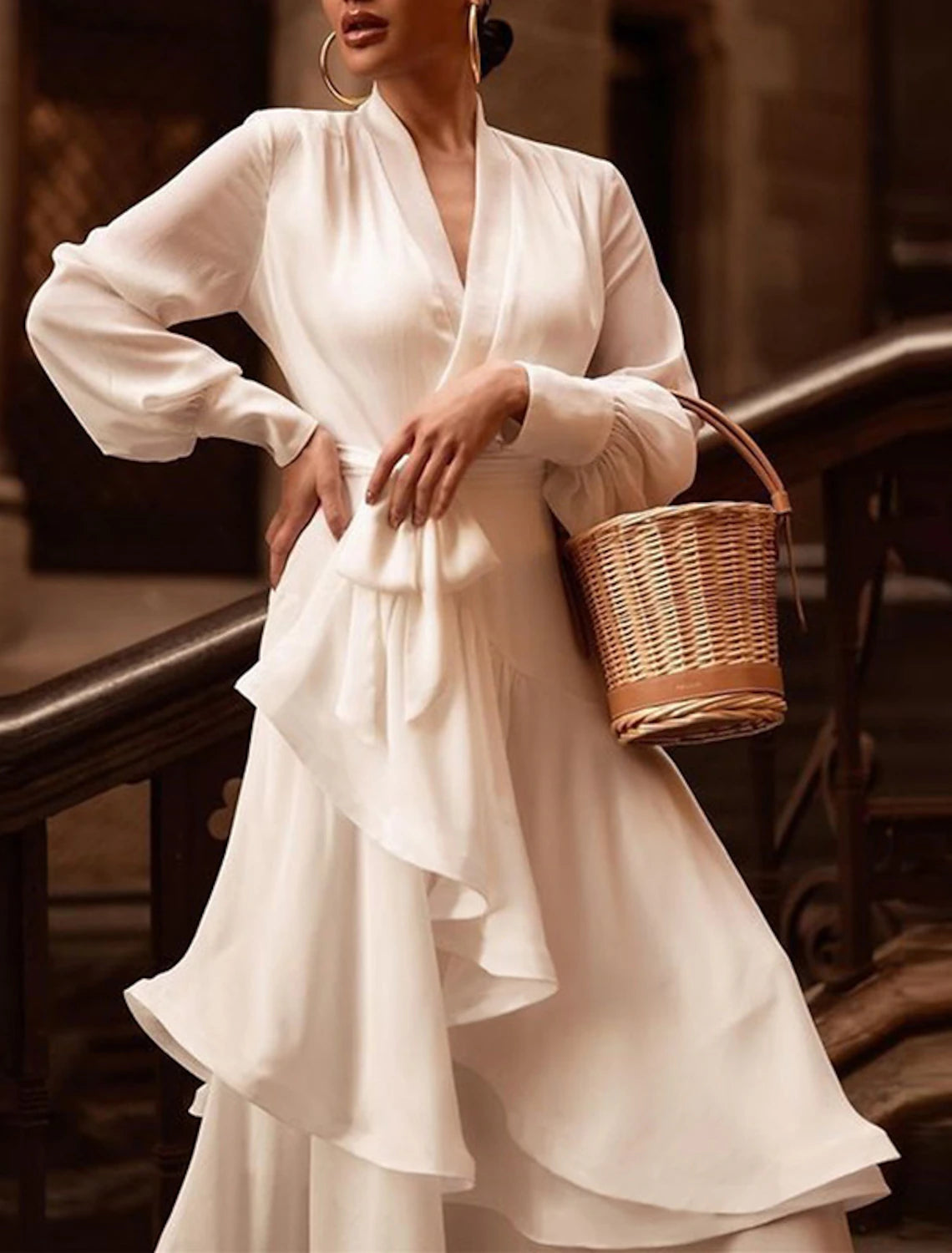 Wholesa Reception Little White Dresses Wedding Dresses A-Line V Neck Long Sleeve Asymmetrical Chiffon Bridal Gowns With Cascading Ruffles Solid Color
