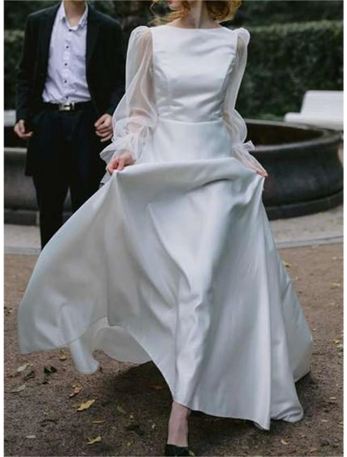Wholesa  Beach Little White Dresses Wedding Dresses A-Line Boat Neck Long Sleeve Floor Length Satin Bridal Gowns With Pleats Solid Color