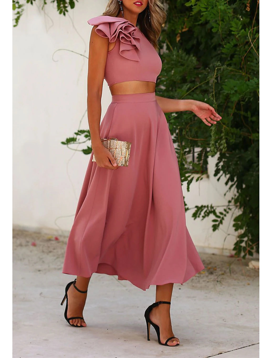 Wholesa Two Piece Cocktail Dresses Elegant Dress Graduation Engagement Ankle Length Sleeveless Jewel Neck Fall Wedding Guest Satin with Ruffles Pure Color