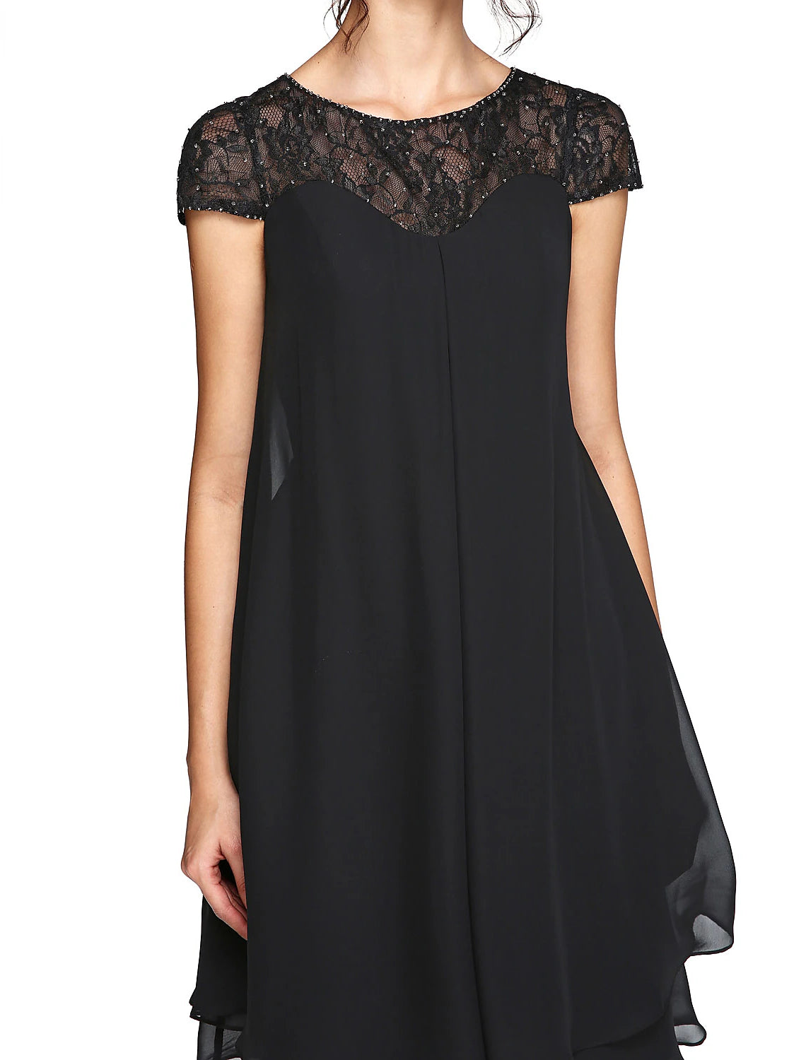 wholesale  A-Line Mother of the Bride Dress Plus Size Elegant Illusion Neck Knee Length Chiffon Lace Short Sleeve with Sequin