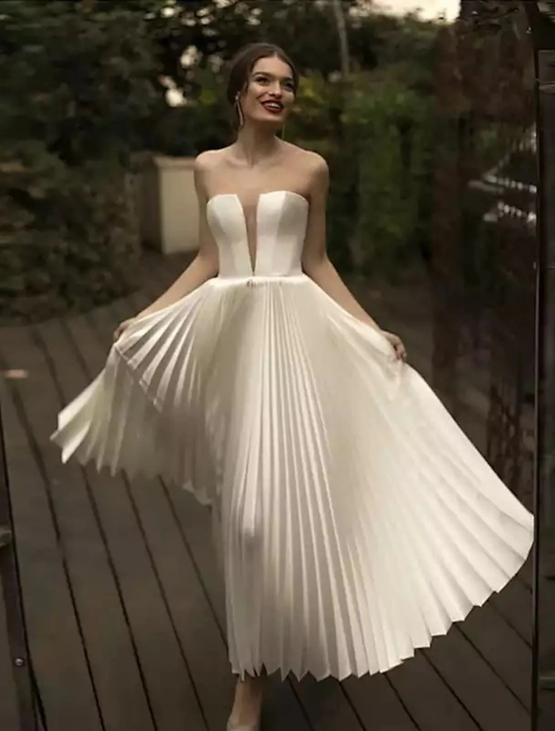 wholesale  Reception Little White Dresses Wedding Dresses A-Line Sweetheart Strapless Ankle Length Lace Bridal Gowns With Pleats Solid Color
