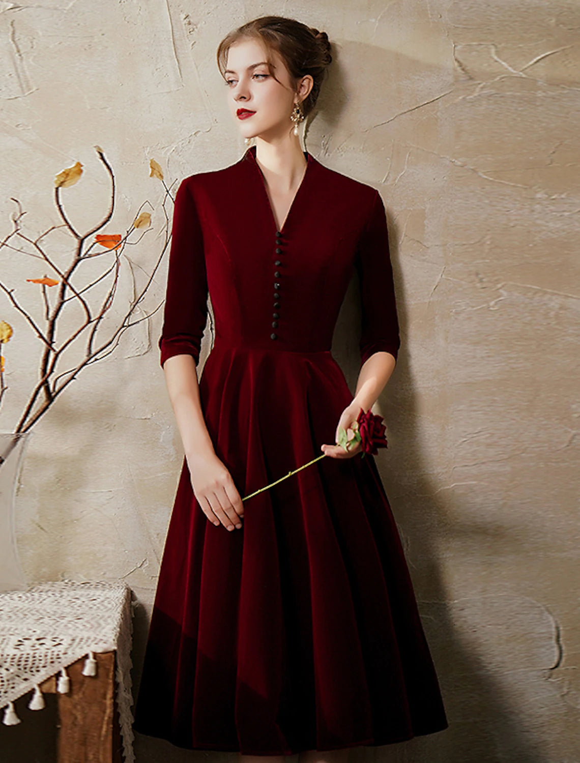 Wholesa A-Line Cocktail Dresses Vintage Dress Wedding Guest Party Wear Tea Length Half Sleeve V Neck Fall Wedding Guest Velvet with Sleek