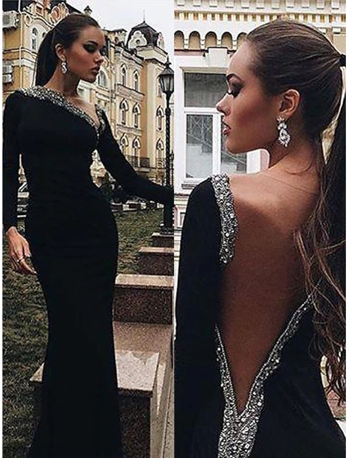 Wholesa Mermaid / Trumpet Evening Gown Open Back Dress Engagement Cocktail Party Floor Length Long Sleeve V Neck Stretch Fabric with Crystals Beading