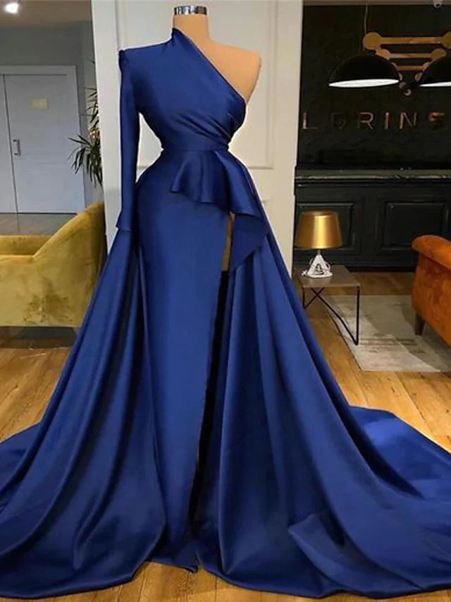 Wholesa A-Line Peplum Sexy Wedding Guest Formal Evening Dress One Shoulder Long Sleeve Court Train Satin with Ruffles Slit