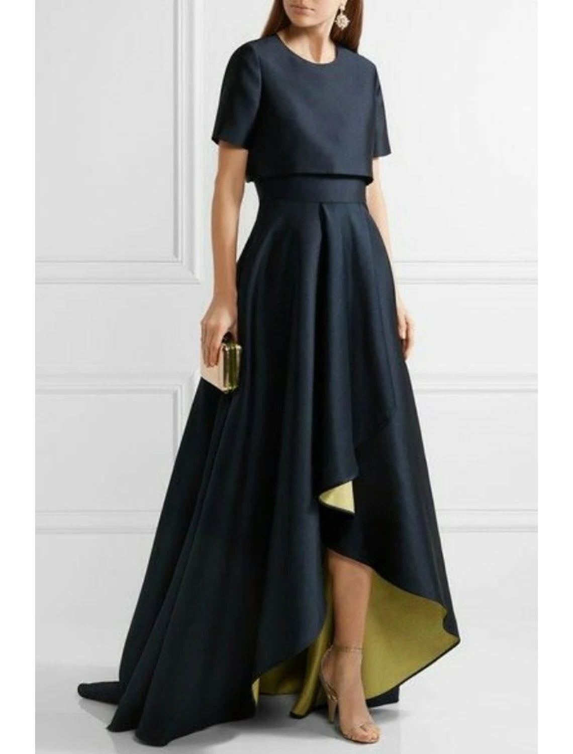 Wholesa Two Piece Sheath / Column Mother of the Bride Dress Wedding Guest Church Elegant Simple High Low Jewel Neck Asymmetrical Taffeta Short Sleeve with Pleats Solid Color
