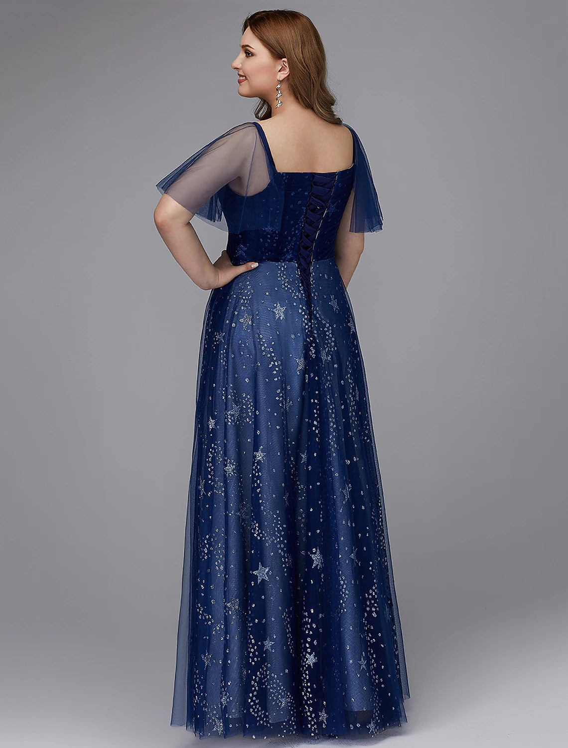 Wholesa A-Line Plus Size Dress Prom Formal Evening Floor Length Short Sleeve Sweetheart Tulle Lace-up with Beading Pattern / Print