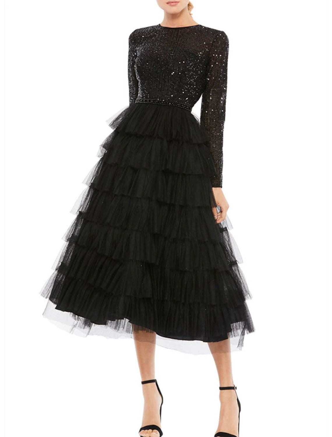 Wholesa A-Line Cocktail Dresses Elegant Dress Wedding Guest Party Wear Tea Length Long Sleeve Jewel Neck Fall Wedding Guest Tulle with Sequin Tiered