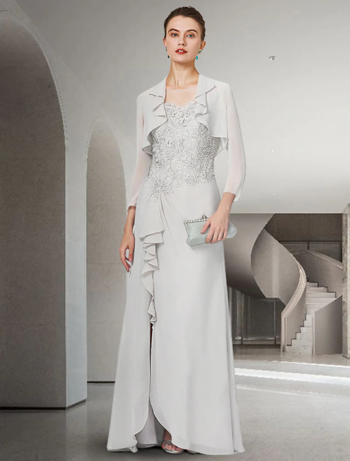 wholesale   Two Piece Sheath / Column Mother of the Bride Dress Elegant Jewel Neck Floor Length Chiffon Lace 3/4 Length Sleeve Wrap Included with Ruffles Appliques