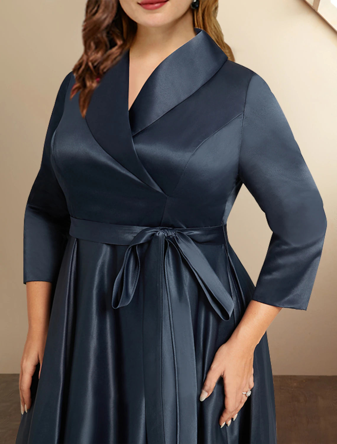 wholesale  A-Line Mother of the Bride Dresses Plus Size Hide Belly Curve High Low Dress Formal Asymmetrical 3/4 Length Sleeve Shirt Collar Satin with Bow(s) Pleats