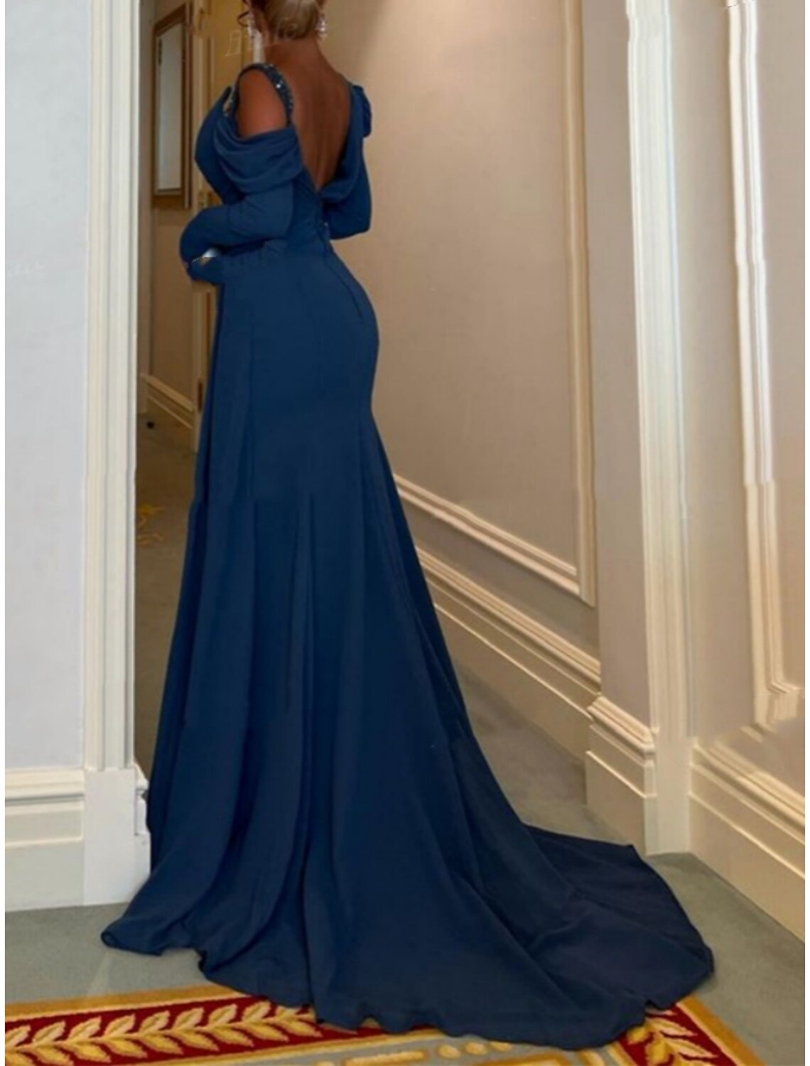Wholesa A-Line Evening Gown Elegant Dress Formal Court Train Long Sleeve Square Neck Sequined with Sequin Slit