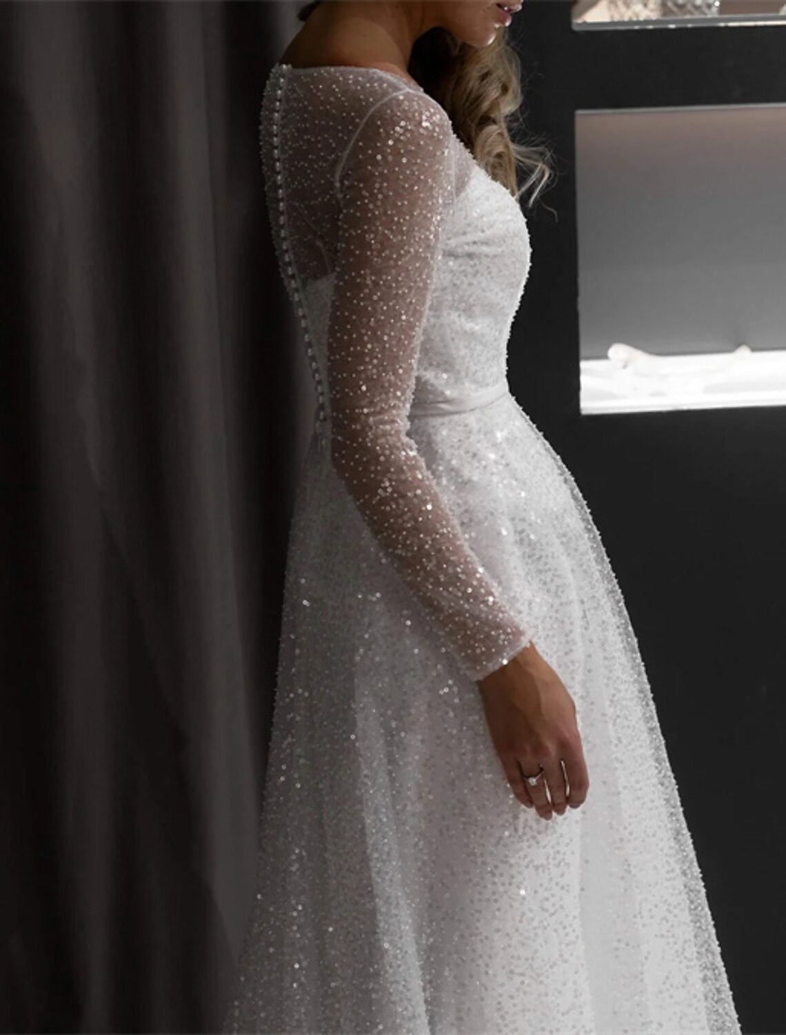 Wholesa A-Line Evening Gown Elegant Dress Wedding Court Train Long Sleeve Jewel Neck Fall Wedding Reception Sequined with Glitter