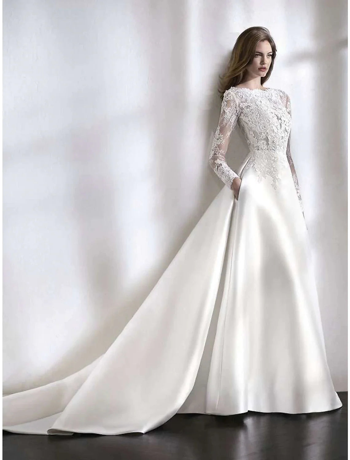 Wholesa Beach Formal Wedding Dresses Chapel Train A-Line Long Sleeve Illusion Neck Satin With Lace Pleats