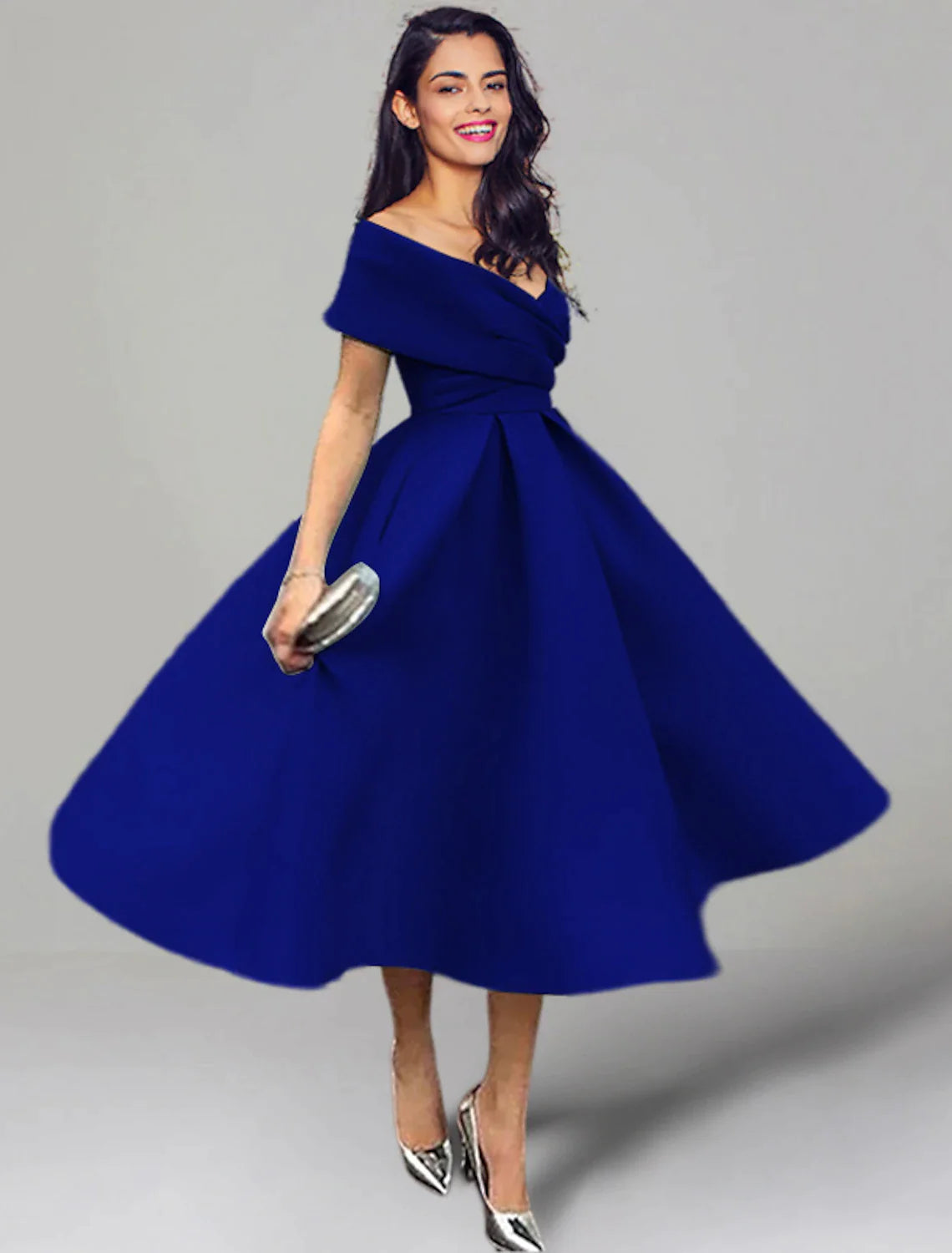 Wholesa A-Line Wedding Guest Dresses 1950s Dress Summer Tea Length Sleeveless Off Shoulder Satin with Ruched