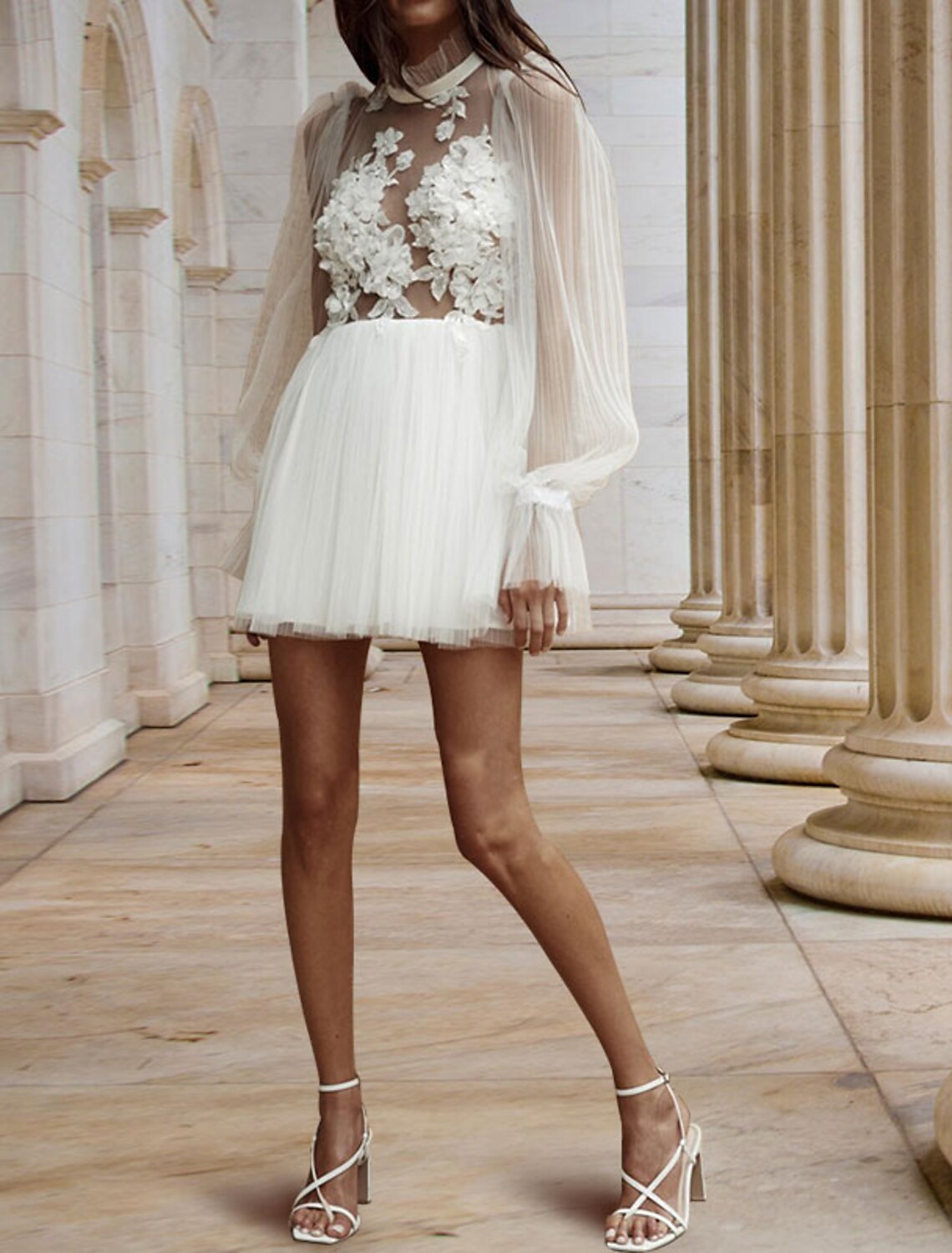 wholesale Reception Open Back Little White Dresses Wedding Dresses A-Line High Neck Long Sleeve Short / Mini Satin Bridal Gowns With Pleats Appliques
