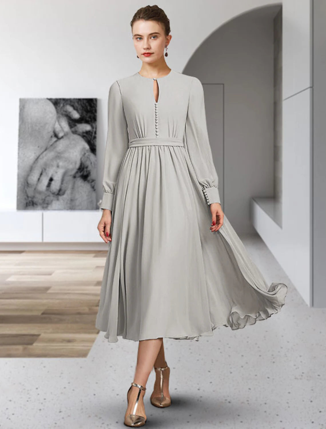 wholesale  A-Line Mother of the Bride Dress Elegant Jewel Neck Tea Length Chiffon Long Sleeve with Bow(s) Buttons Pleats