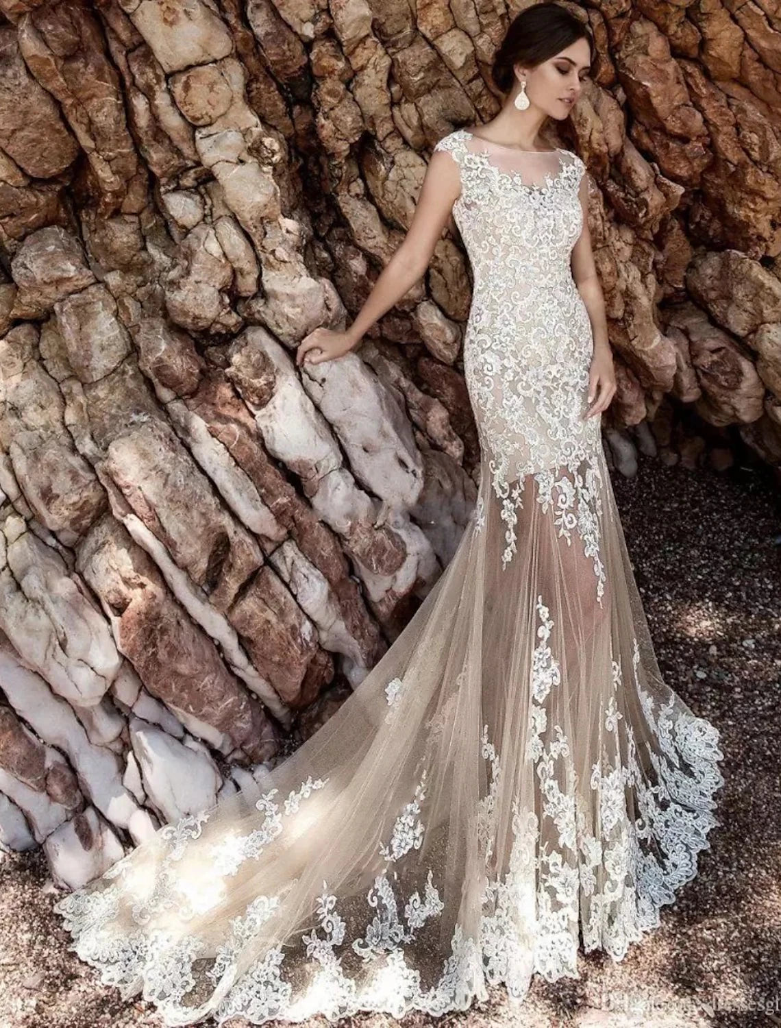 wholesale  Engagement Formal Wedding Dresses Mermaid / Trumpet Illusion Neck Cap Sleeve Court Train Lace Bridal Gowns With Appliques