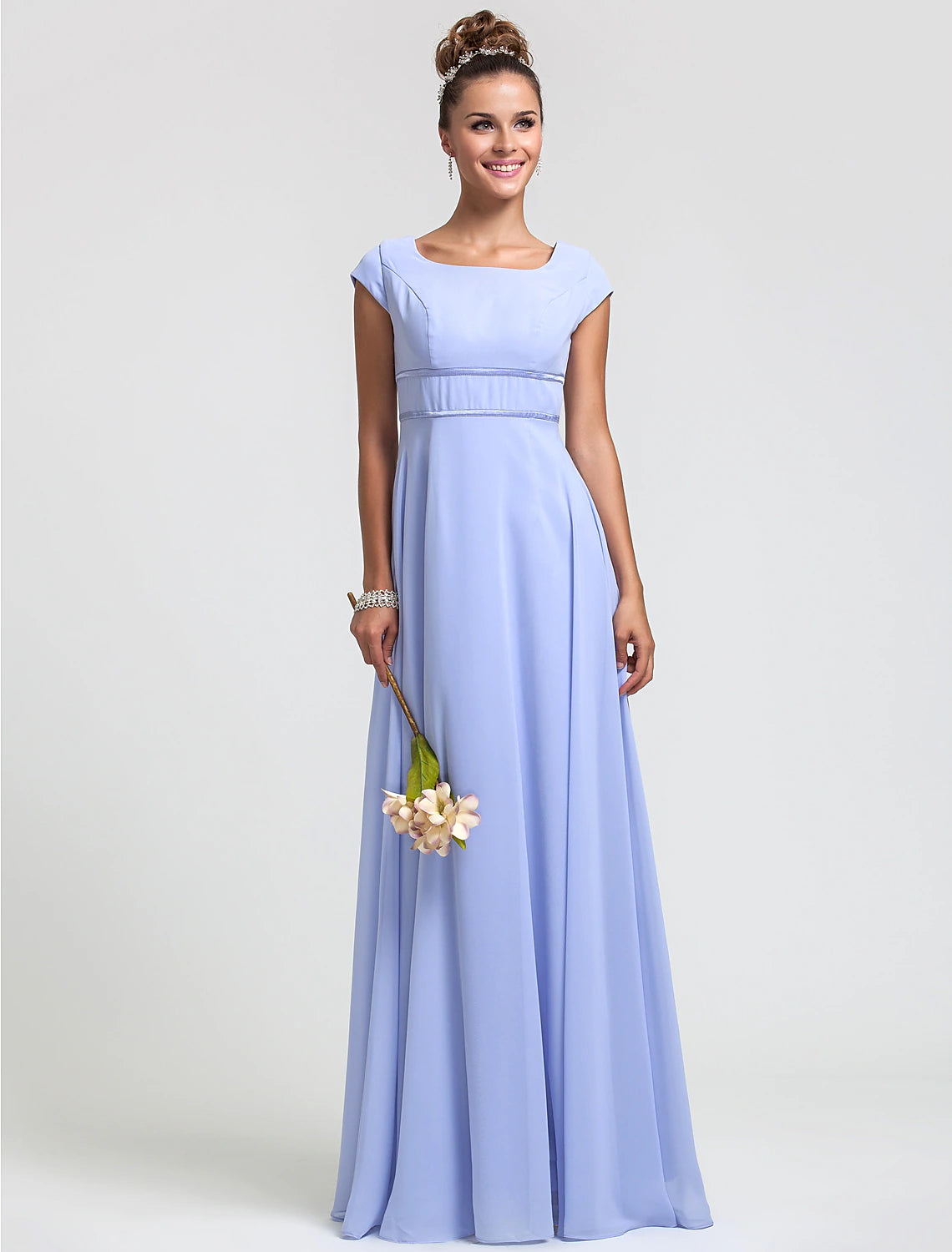 Wholesa  Sheath / Column Bridesmaid Dress Square Neck Short Sleeve Elegant Floor Length Chiffon with Sash / Ribbon / Pleats