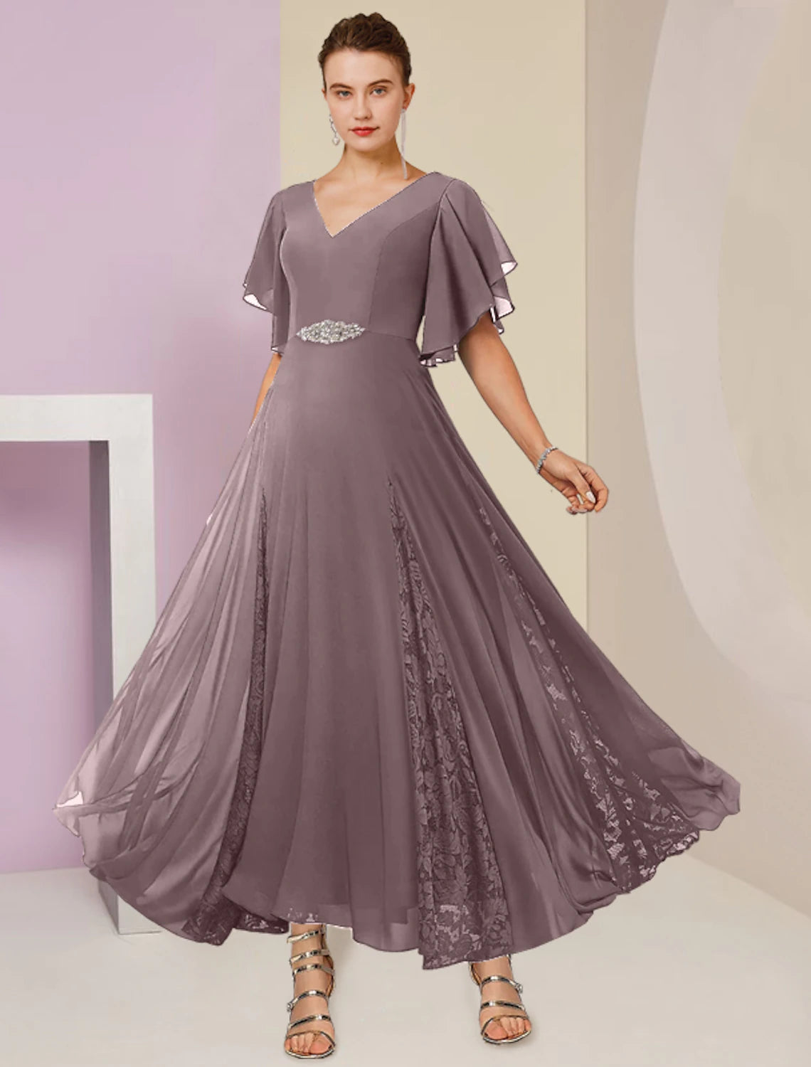 wholesale  A-Line Mother of the Bride Dress Formal Wedding Guest Elegant V Neck Ankle Length Chiffon Lace Short Sleeve with Pleats Crystal Brooch