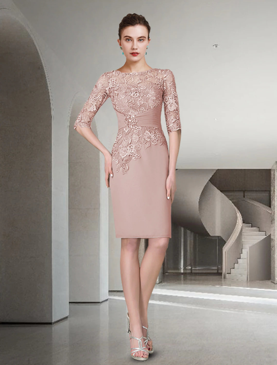 wholesale  Two Piece Sheath / Column Mother of the Bride Dress Fall Wedding Guest Church Plus Size Elegant Jewel Neck Knee Length Chiffon Lace Half Sleeve Wrap Included Jacket Dresses with Ruched Appliques