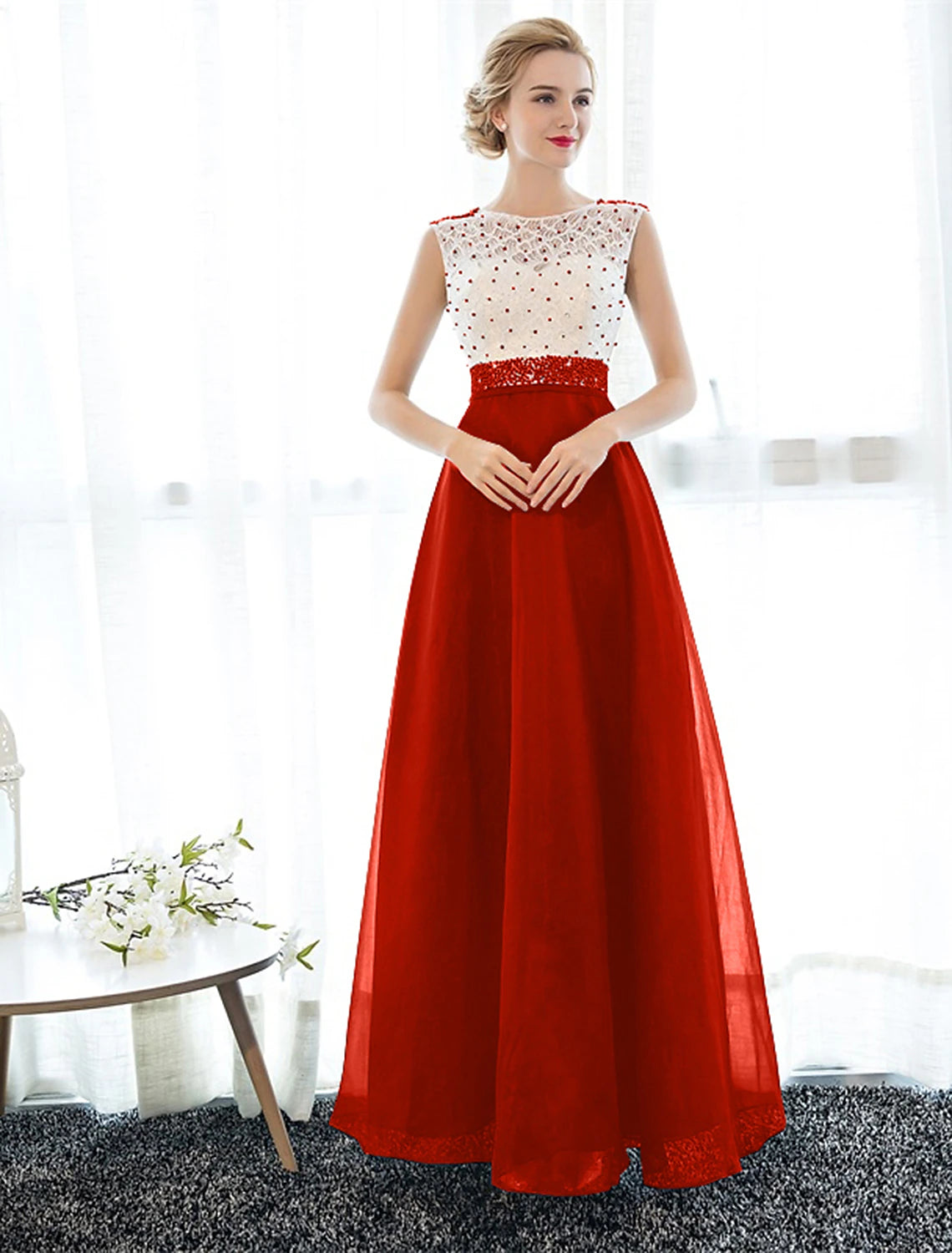 wholesa A-Line Beautiful Back Elegant Beaded & Sequin Prom Formal Evening Dress Illusion Neck Sleeveless Floor Length Tulle Over Lace with Beading