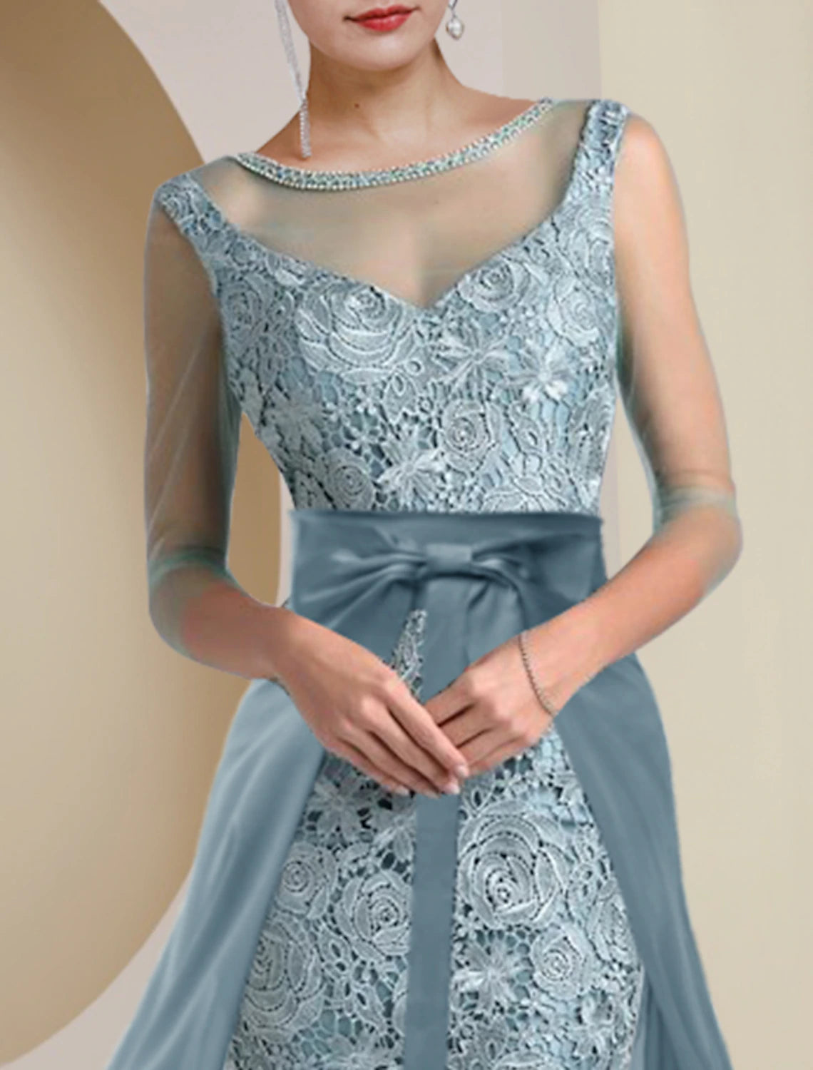 wholesale  Two Piece Sheath / Column Mother of the Bride Dress Formal Wedding Guest Vintage Elegant Jewel Neck Tea Length Knee Length Chiffon Lace 3/4 Length Sleeve with Beading Appliques