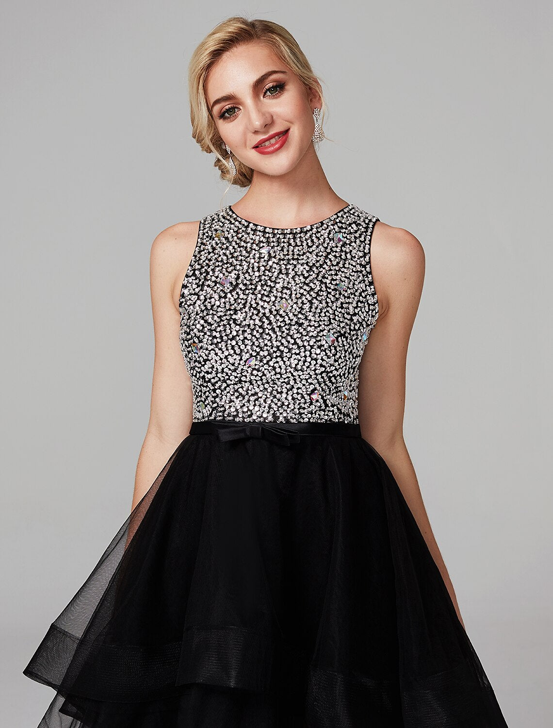 Wholesa Ball Gown Cocktail Black Dress Vintage Dress Halloween Masquerade Knee Length Sleeveless Jewel Neck The Great Gatsby Satin with Rhinestone Cascading Ruffles