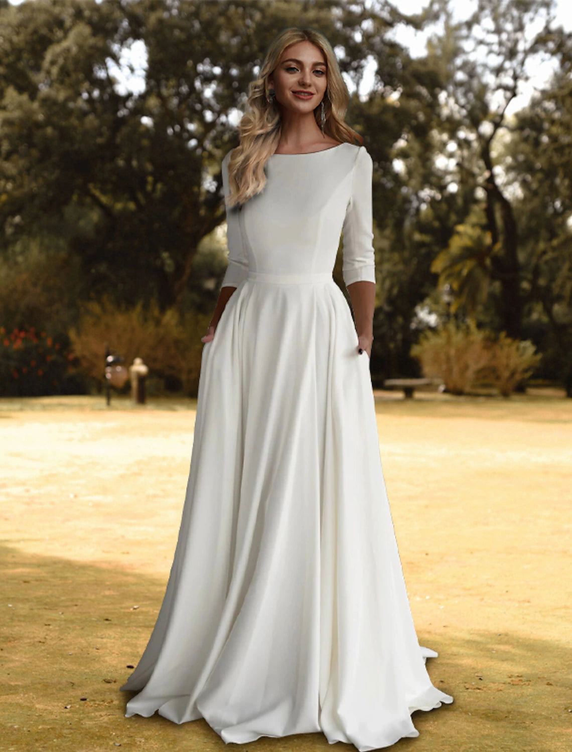 wholesale  Hall Casual Fall Wedding Dresses A-Line Scoop Neck 3/4 Length Sleeve Sweep / Brush Train Stretch Fabric Bridal Gowns With Pleats Solid Color