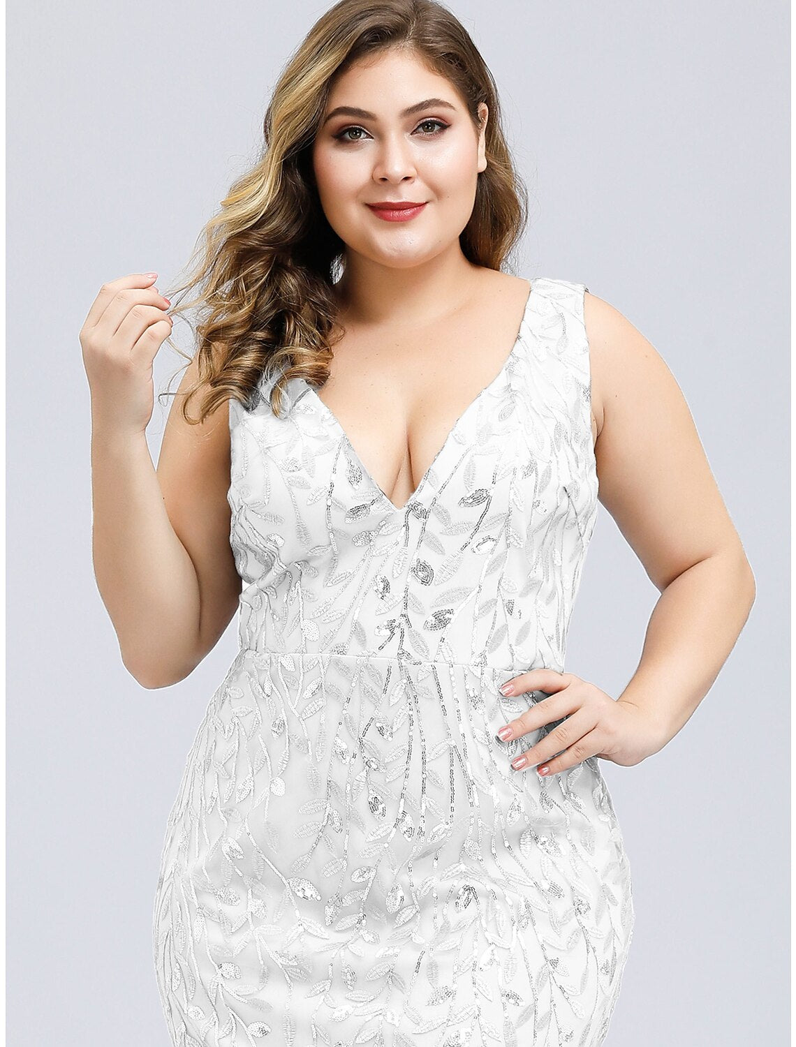 Wholesa Mermaid / Trumpet Evening Gown Plus Size Dress Wedding Guest Engagement Floor Length Sleeveless V Neck Lace V Back with Appliques