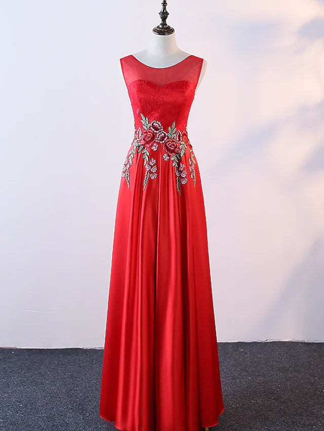 Wholesa A-Line Evening Gown Elegant Dress Prom Floor Length Sleeveless Jewel Neck Satin with Embroidery Appliques