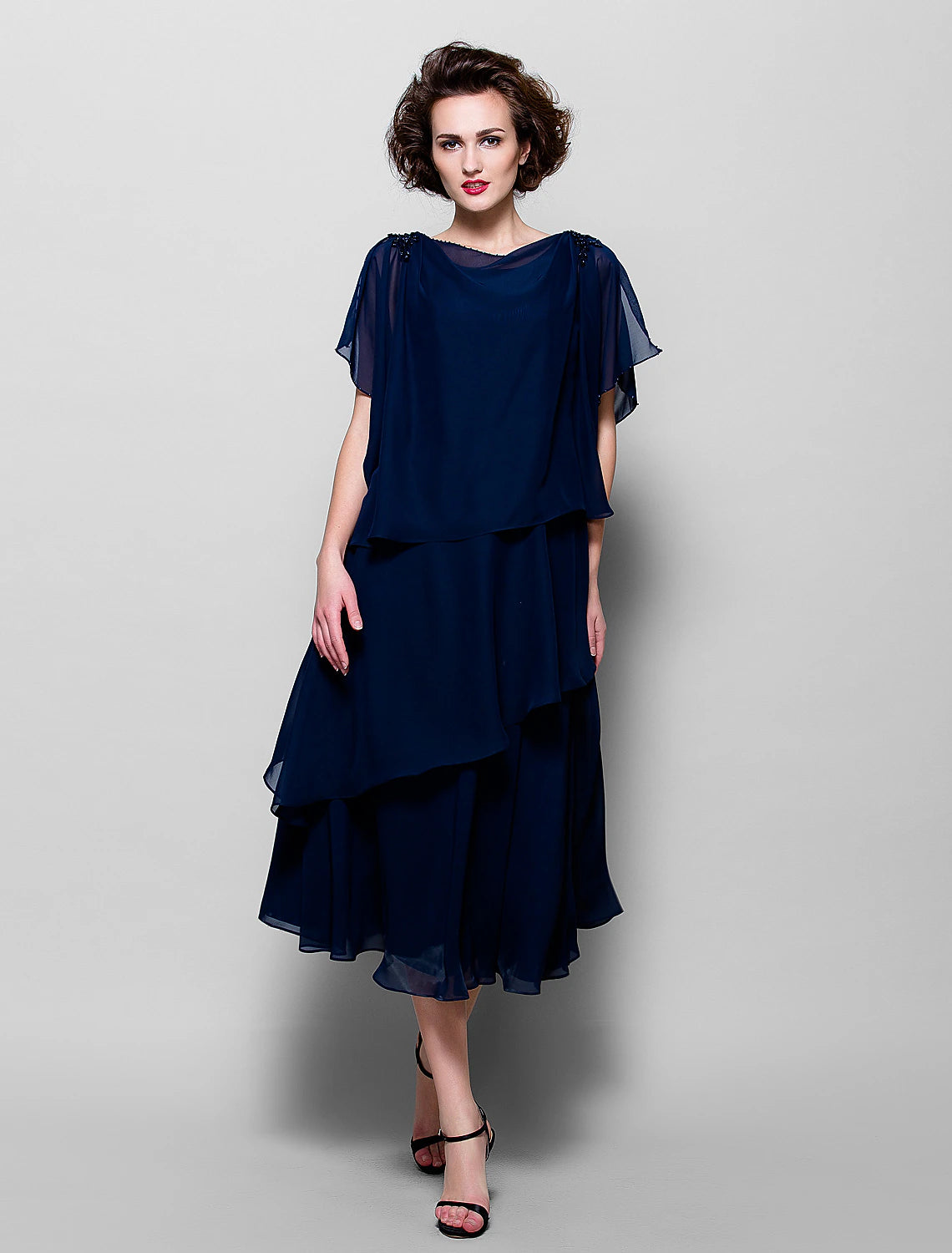 wholesale  A-Line Mother of the Bride Dress Plus Size Elegant Cowl Neck Tea Length Chiffon Short Sleeve with Ruffles Crystal Brooch