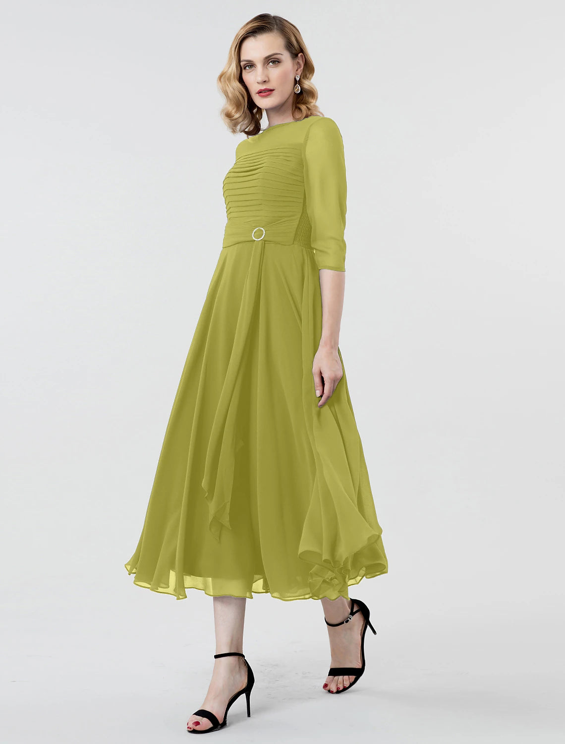 Wholesa A-Line Elegant Formal Evening Wedding Party Dress Boat Neck 3/4 Length Sleeve Tea Length Georgette with Ruched Crystal Brooch 2022 / Illusion Sleeve