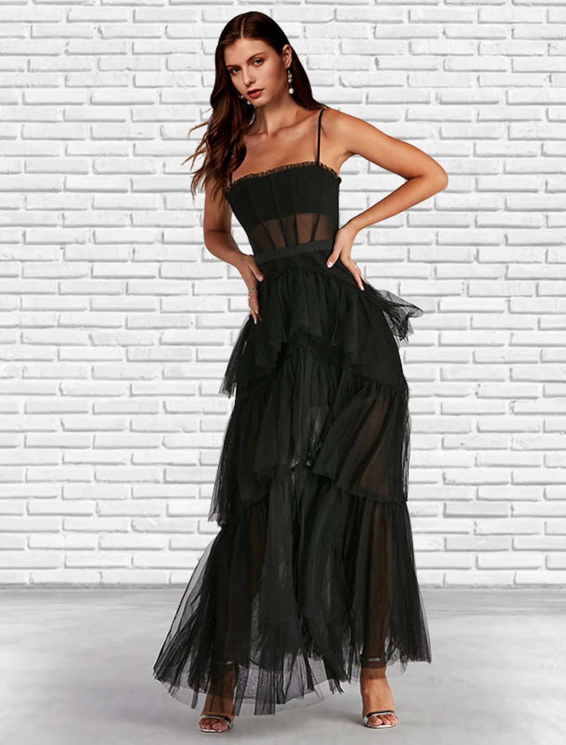 Wholesa A-Line Prom Dresses Corsets Dress Party Wear Prom Ankle Length Sleeveless Strapless Tulle Ladder Back with Ruffles Pure Color