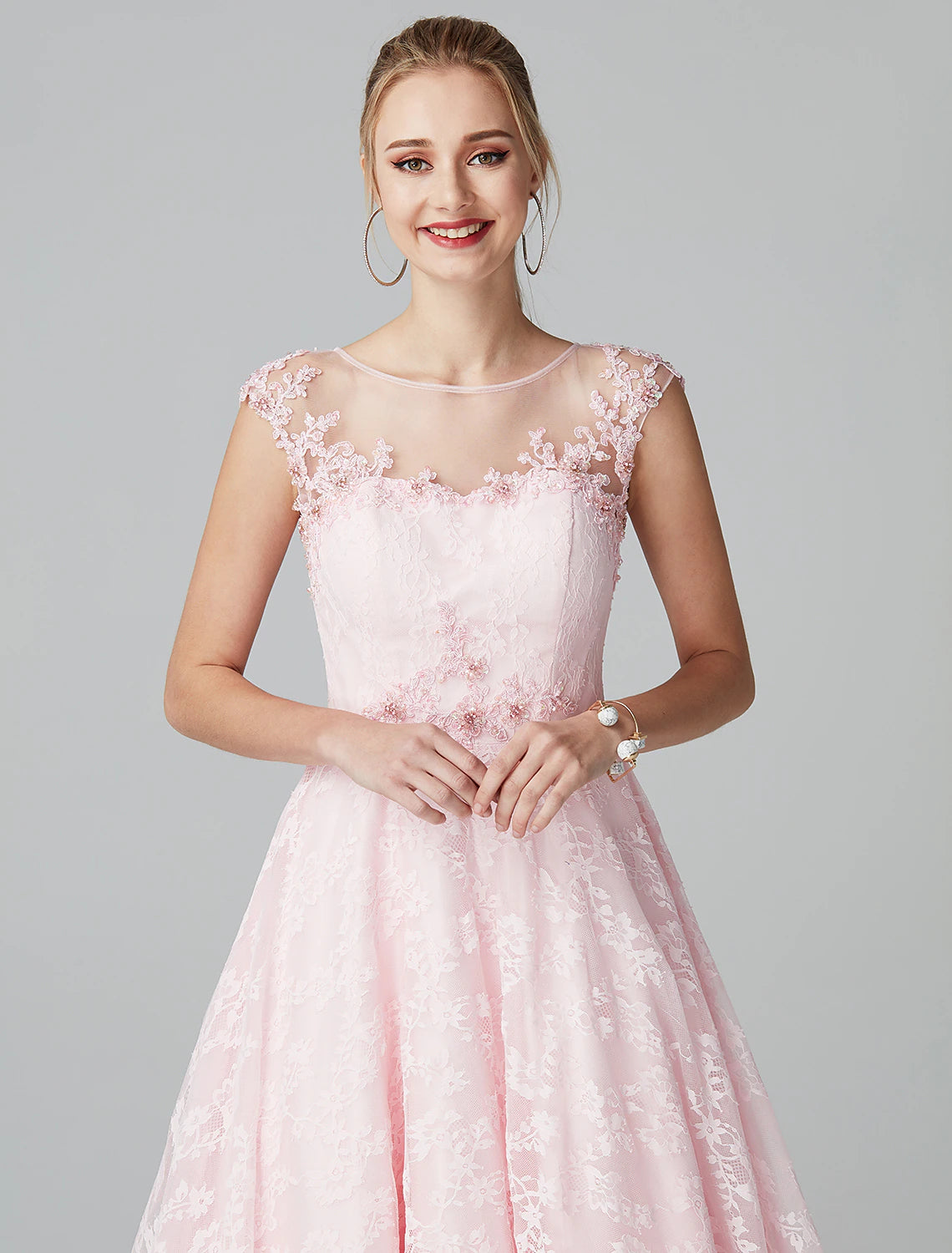 wholesa A-Line Prom Dresses Floral Dress Evening Party Wedding Guest Ankle Length Short Sleeve Illusion Neck Lace Zipper with Appliques