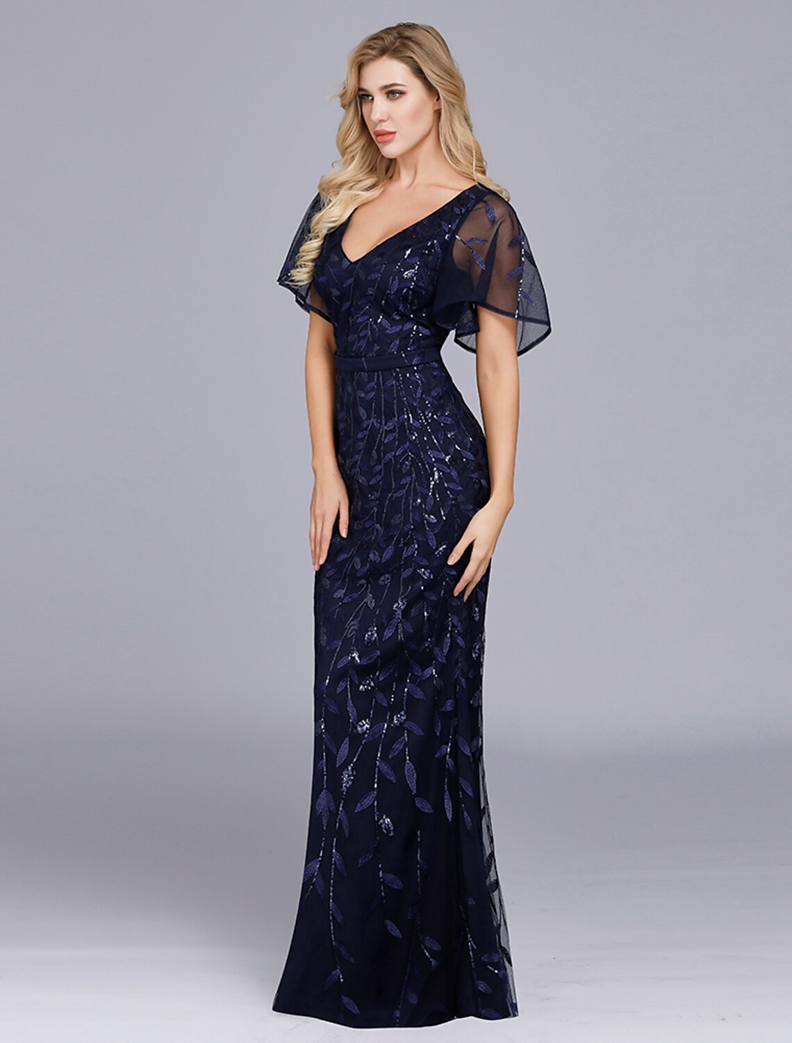 Wholesa Mermaid / Trumpet Evening Gown Empire Dress Party Wear Formal Evening Floor Length Short Sleeve Jewel Neck Tulle with Ruffles Embroidery