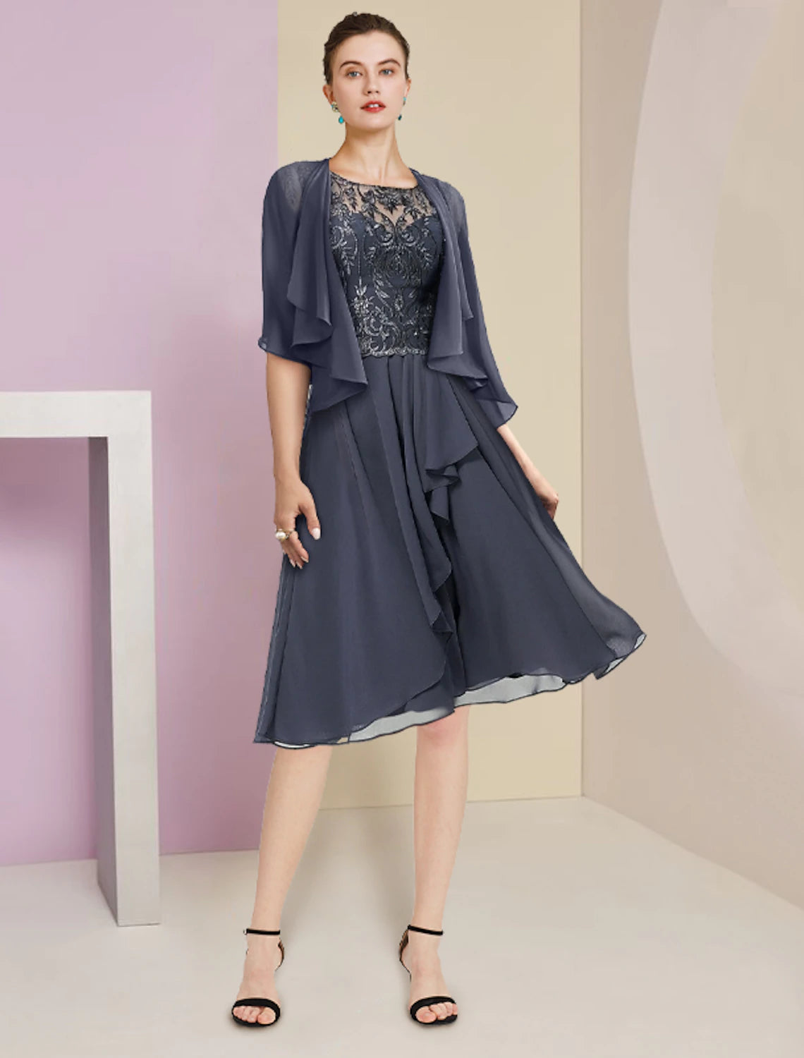 wholesale  Two Piece A-Line Mother of the Bride Dress Formal Wedding Guest Vintage Elegant Scoop Neck Knee Length Chiffon Lace Short Sleeve Wrap Included with Pleats Appliques