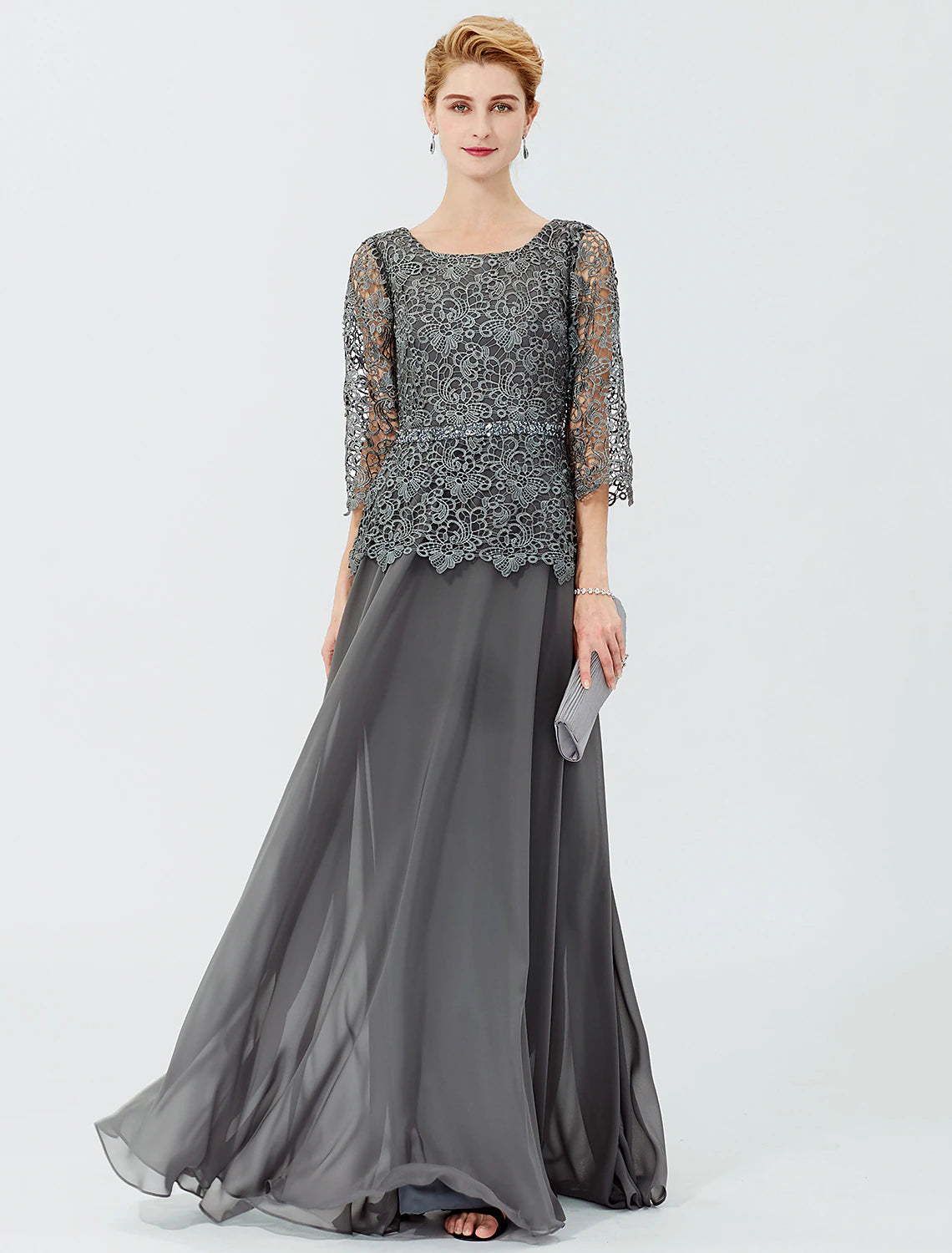 wholesale   Ball Gown A-Line Mother of the Bride Dress Formal Classic & Timeless Elegant & Luxurious Elegant Scoop Neck Floor Length Chiffon Corded Lace 3/4 Length Sleeve with Sashes / Ribbons Beading