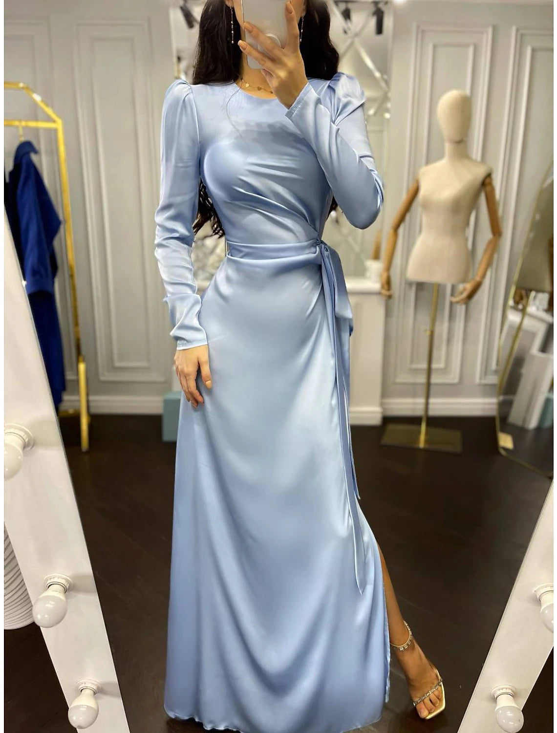 Wholesa Sheath / Column Evening Gown Elegant Dress Wedding Guest Fall Floor Length Long Sleeve High Neck Bridesmaid Dress Satin with Ruched