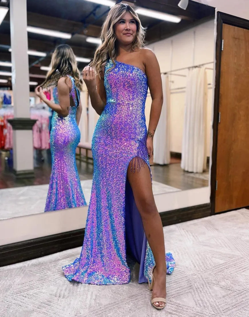 Wholesa Glitter One Shoulder Sequin Prom Dress With Split