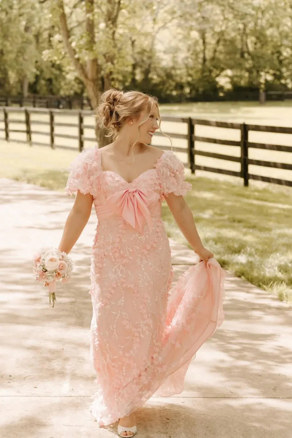 Romantic Off‑the‑Shoulder 3D Floral Blush Pink Mermaid Prom Dress