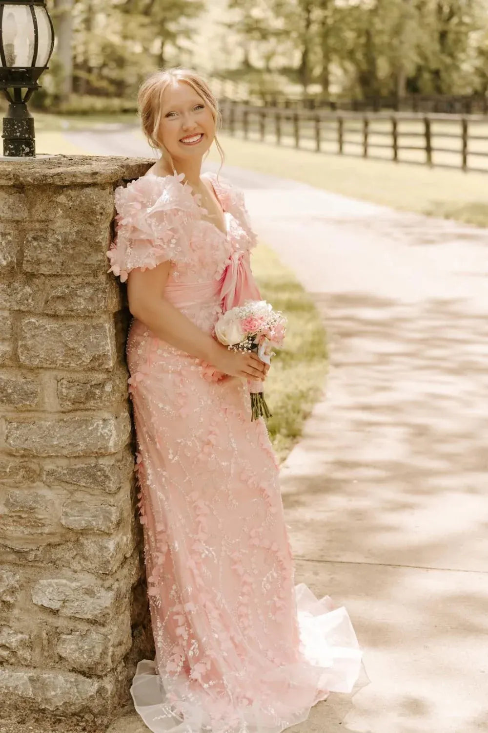 Romantic Off‑the‑Shoulder 3D Floral Blush Pink Mermaid Prom Dress