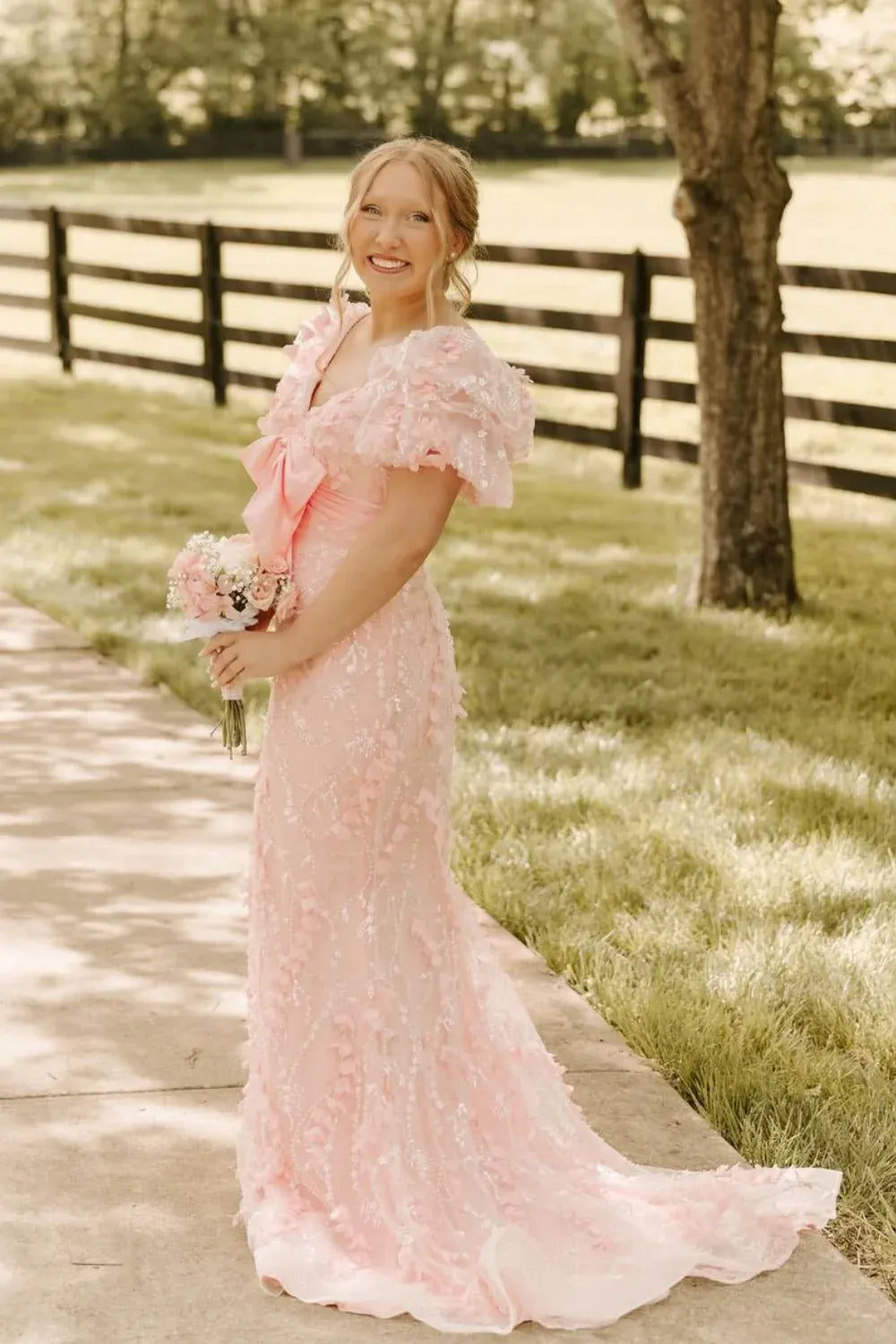 Romantic Off‑the‑Shoulder 3D Floral Blush Pink Mermaid Prom Dress