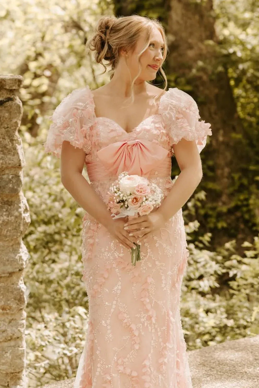 Romantic Off‑the‑Shoulder 3D Floral Blush Pink Mermaid Prom Dress