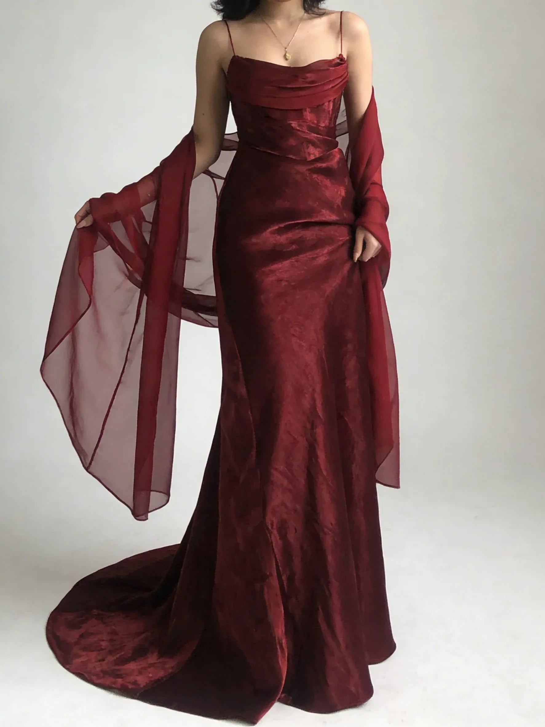Romantic Spaghetti-Strap Burgundy Mermaid Prom Dress