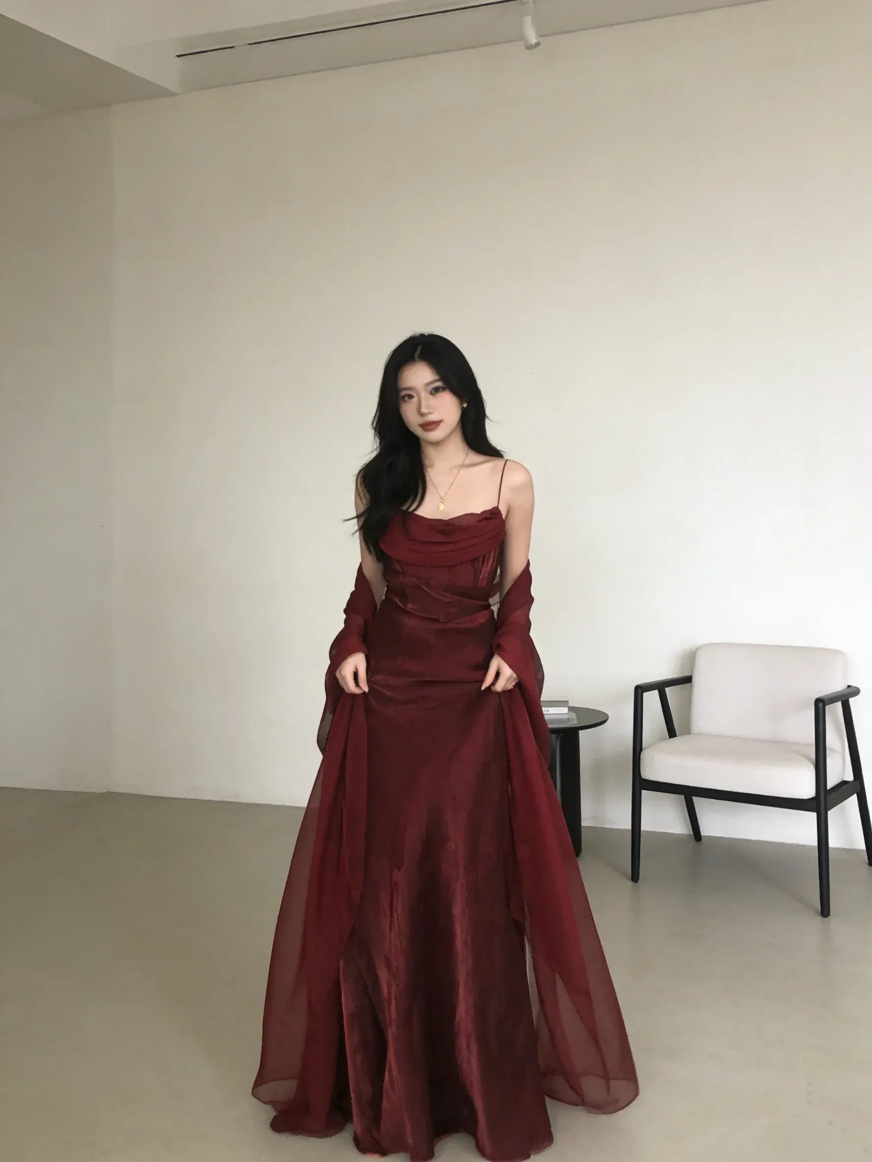 Romantic Spaghetti-Strap Burgundy Mermaid Prom Dress
