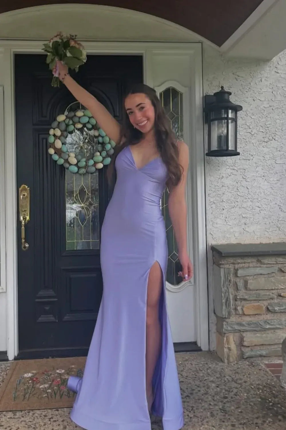 Romantic Spaghetti-Strap Lace-Up Lavender Mermaid Prom Dress