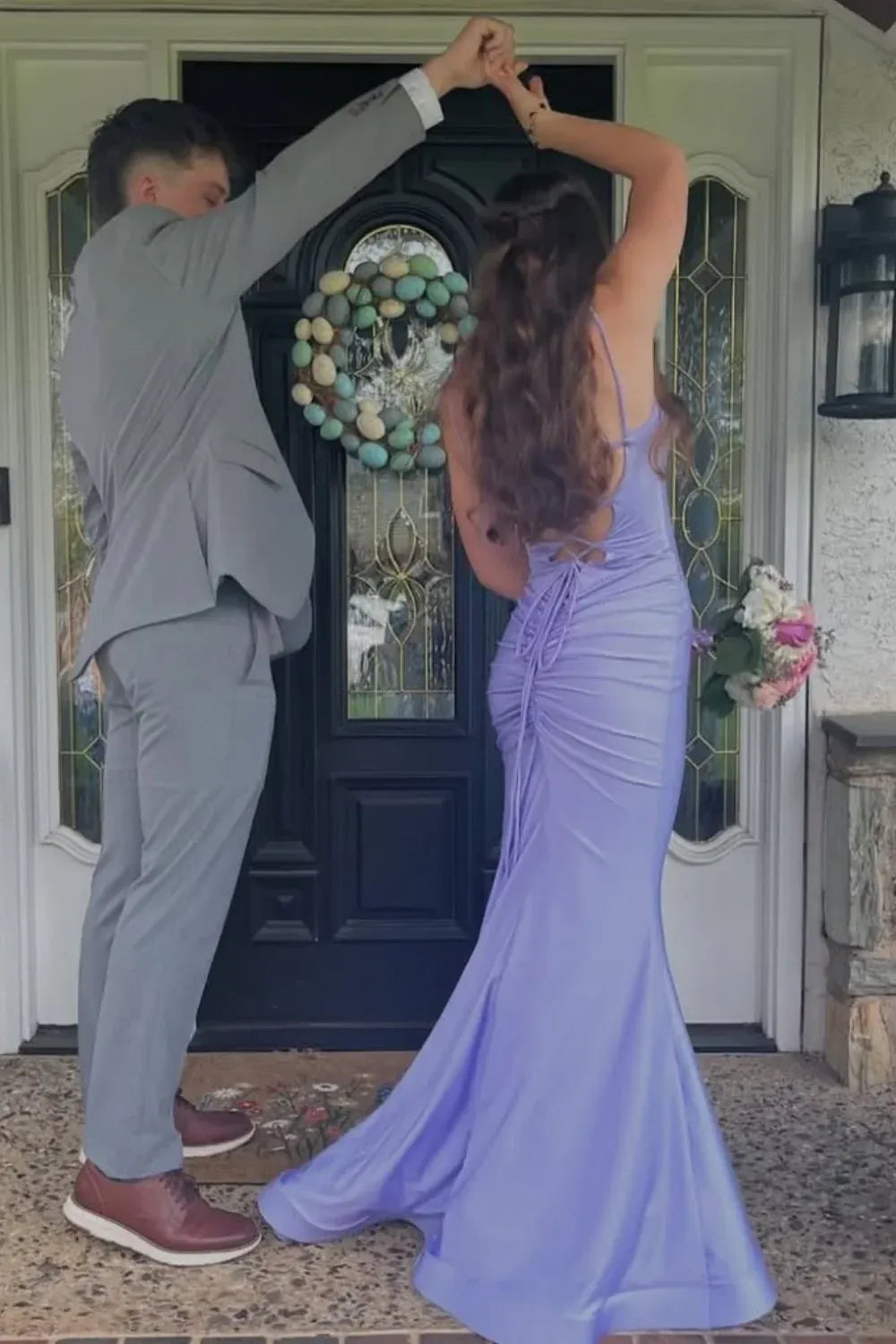 Romantic Spaghetti-Strap Lace-Up Lavender Mermaid Prom Dress