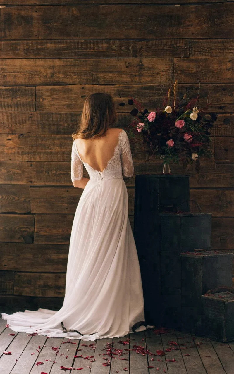 Wholesa A-line Chiffon 3/4 Sleeve Long Dress With Lace Bodice