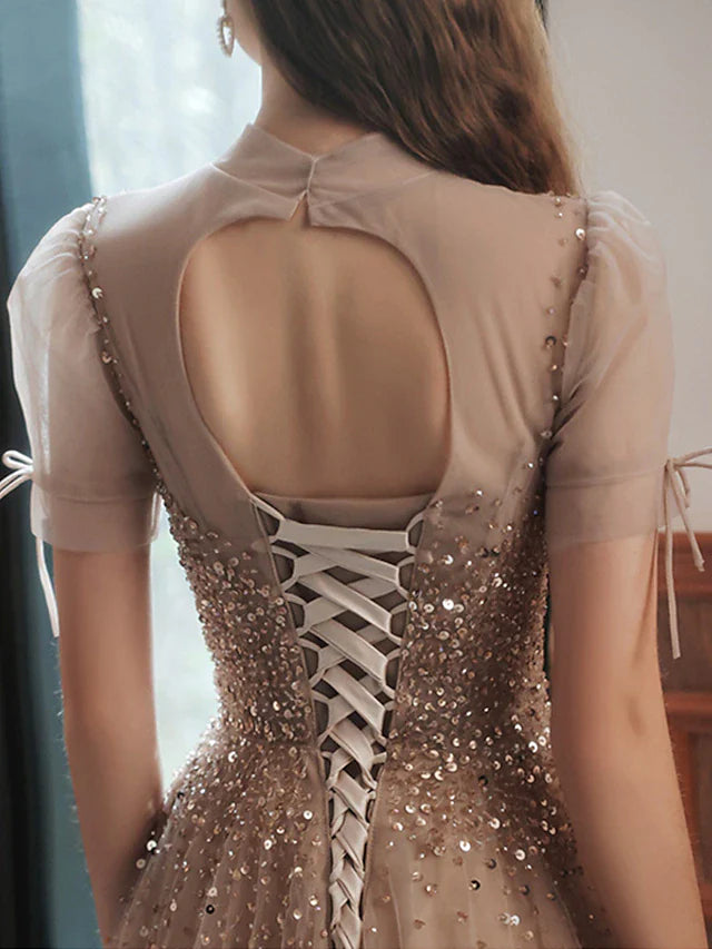 Wholesa A-Line Prom Dresses Sparkle Dress Engagement Floor Length Sleeveless High Neck Tulle with Bow(s) Beading Sequin