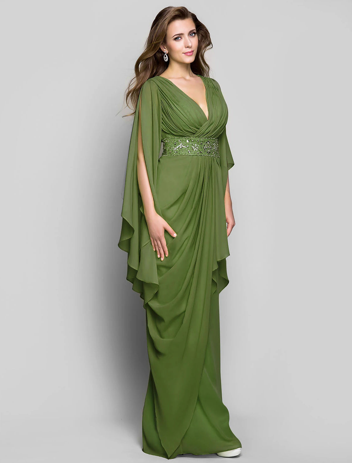 Wholesa Sheath / Column Elegant Dress Wedding Guest Formal Evening Floor Length Long Sleeve V Neck Chiffon V Back with Crystals Side Draping