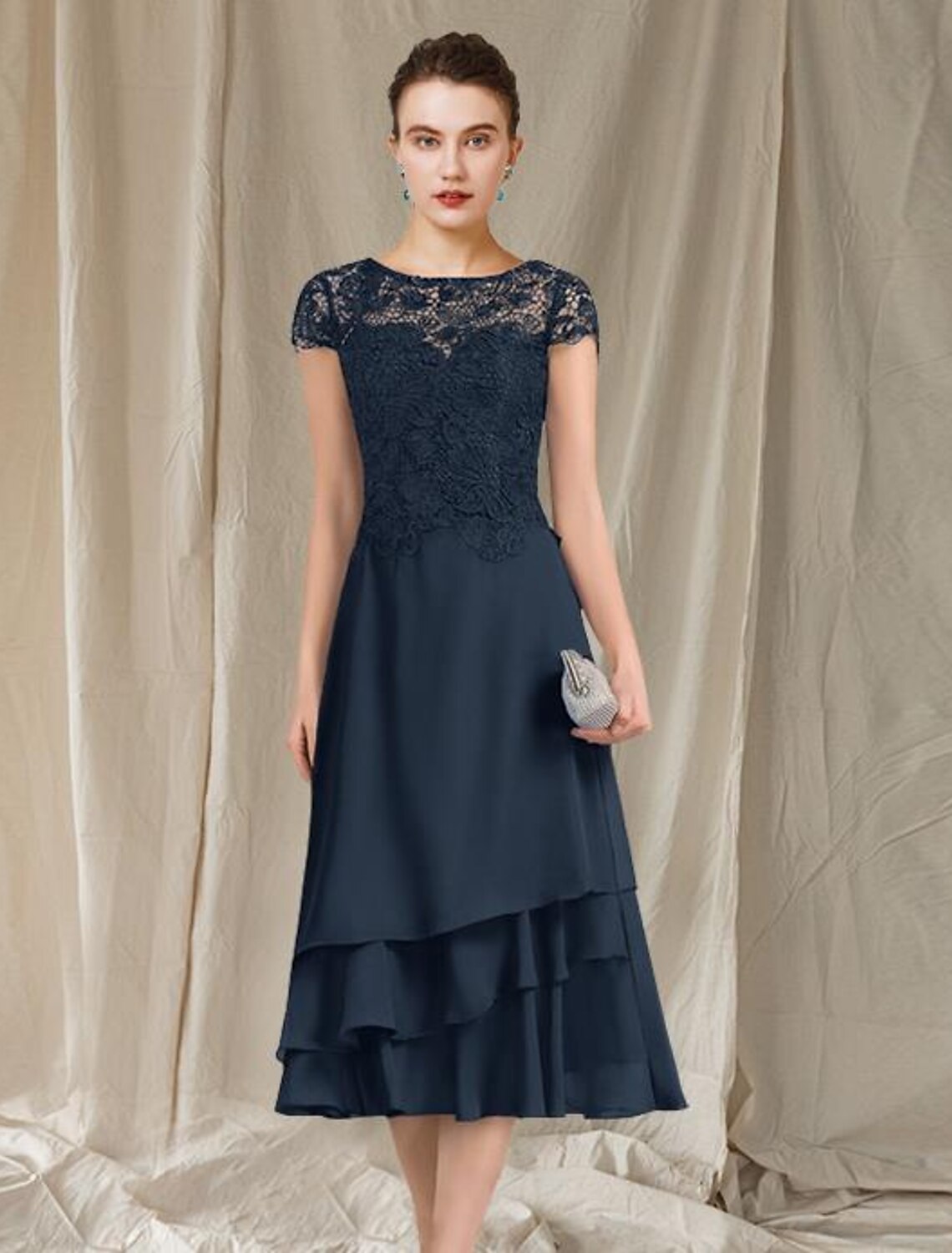 wholesale  A-Line Mother of the Bride Dress Elegant Jewel Neck Tea Length Chiffon Lace Short Sleeve with Ruffles